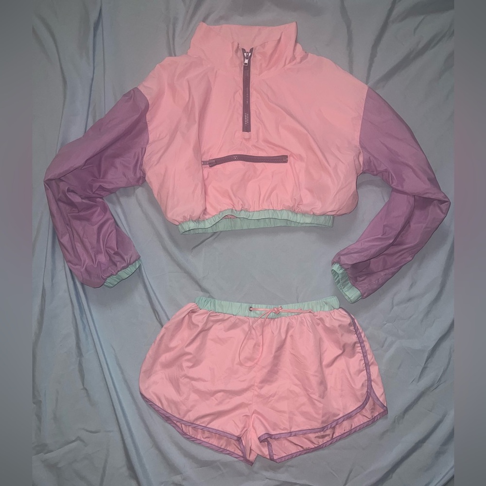 Dolls Kill Pink and Lavender Colorblock Crop Windbreaker Shorts Set
